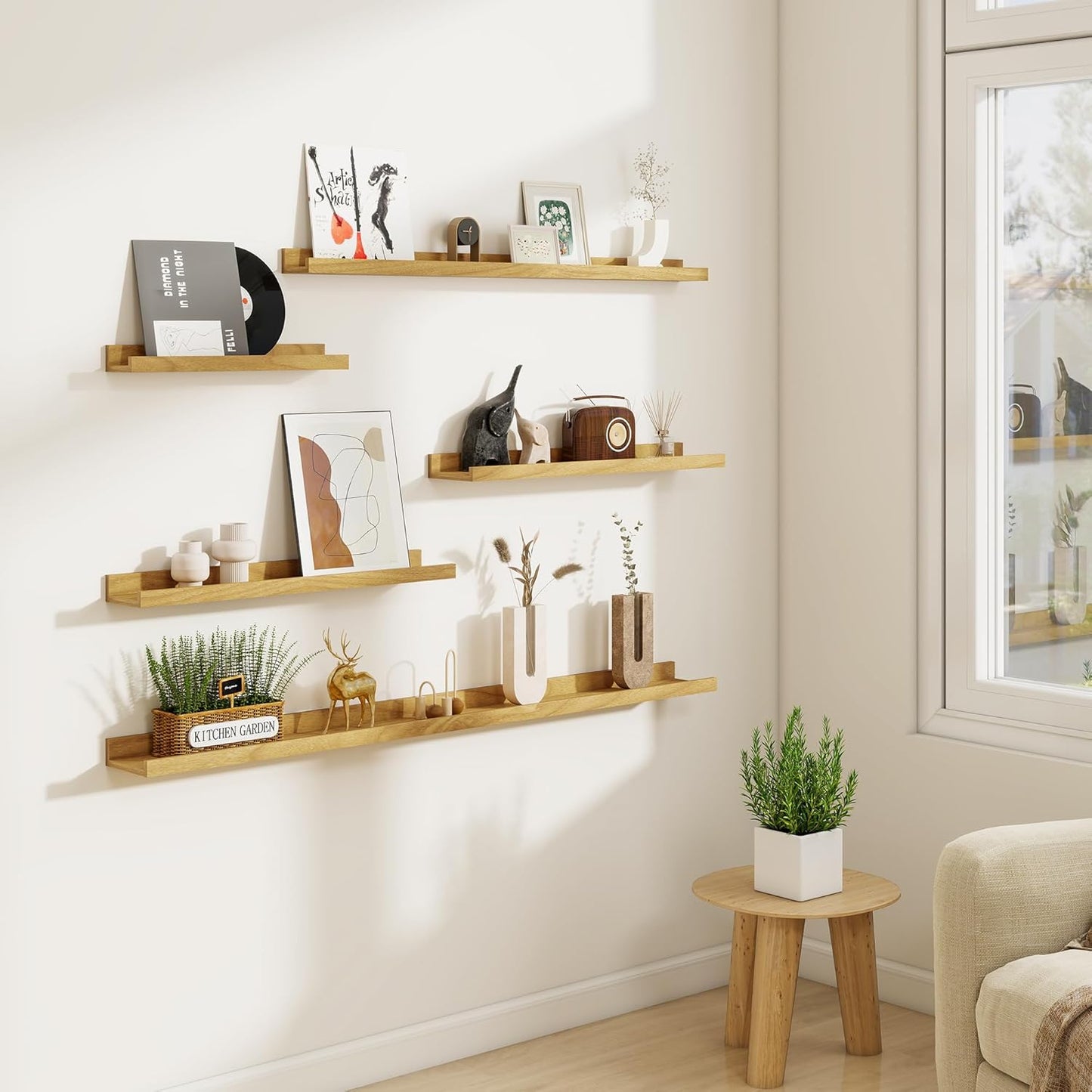Acovy Picture Ledge Shelf Set of 6, 48 inch Long Large Floating Shelves for Wall with Lip, Wall Mounted Shelves for Living Room, Bedroom, Bathroom, Kitchen, Nursery,Oak