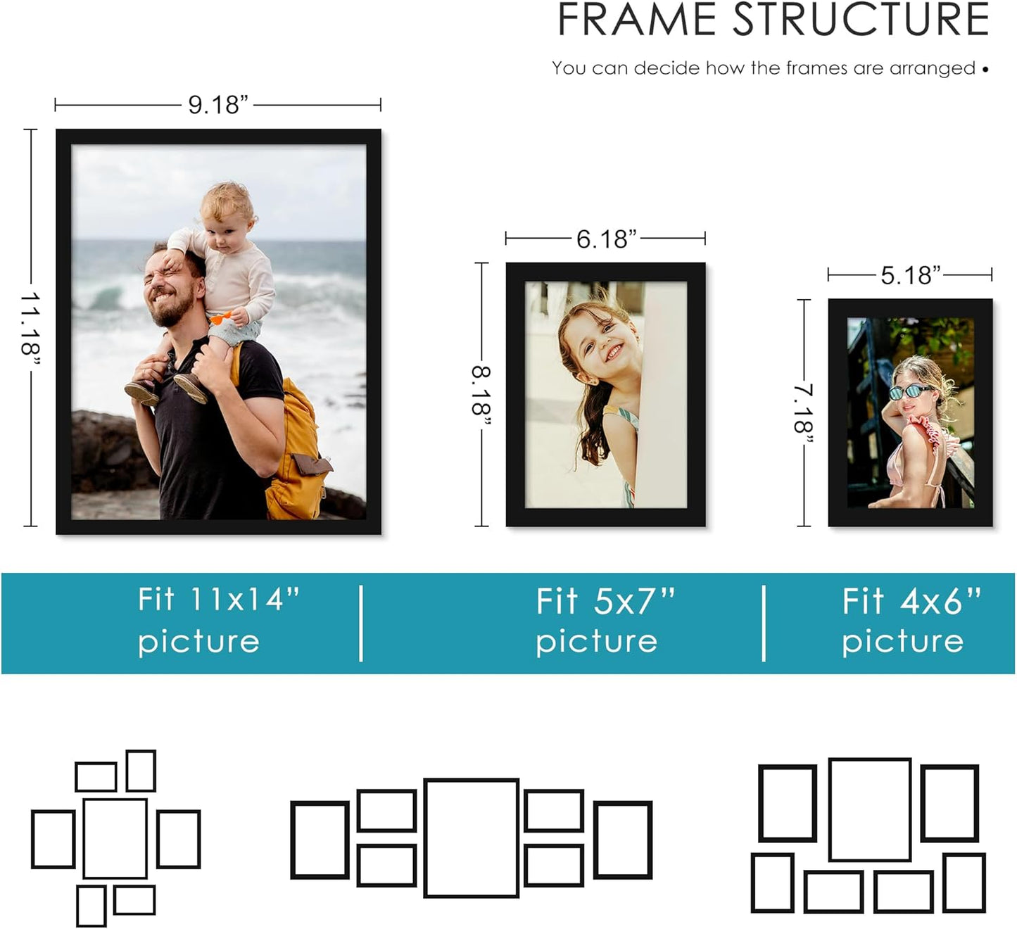PEALSN 10 Pack Collage Picture Frames, Gallery Wall Frame Set with Two 8x10, Four 5x7, and Four 4x6, Multiple Photo Frames for Wall Gallery Decor, Black