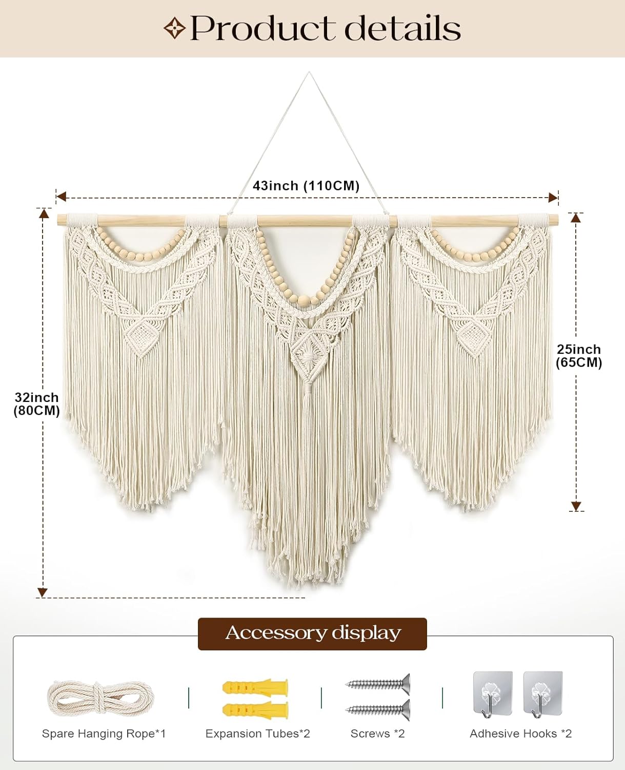 Tempospark Large Macrame Wall Hanging, 43" Wx32 L Boho Wall Hangings for Living Room Bedroom Nursery, Boho Chic Large Macrame Tapestry for Bedroom Wall Decor (Tassel)