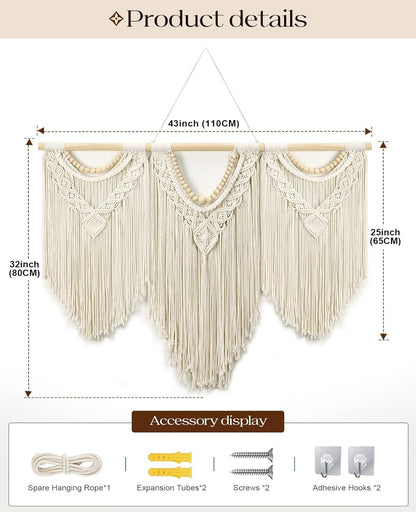 Tempospark Large Macrame Wall Hanging, 43" Wx32 L Boho Wall Hangings for Living Room Bedroom Nursery, Boho Chic Large Macrame Tapestry for Bedroom Wall Decor (Tassel)
