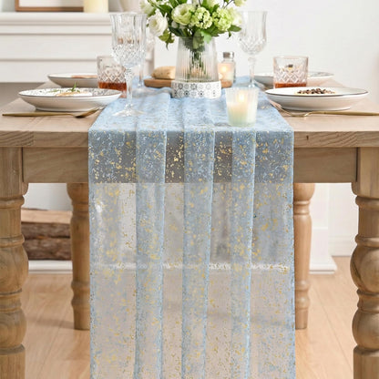 Artoid Mode Beige Gold Gauze Table Runner 120 Inch 10FT, Glitter Metallic Foil Sheer Dining Wedding Anniversary Holiday Birthday Table Decor for Home Party