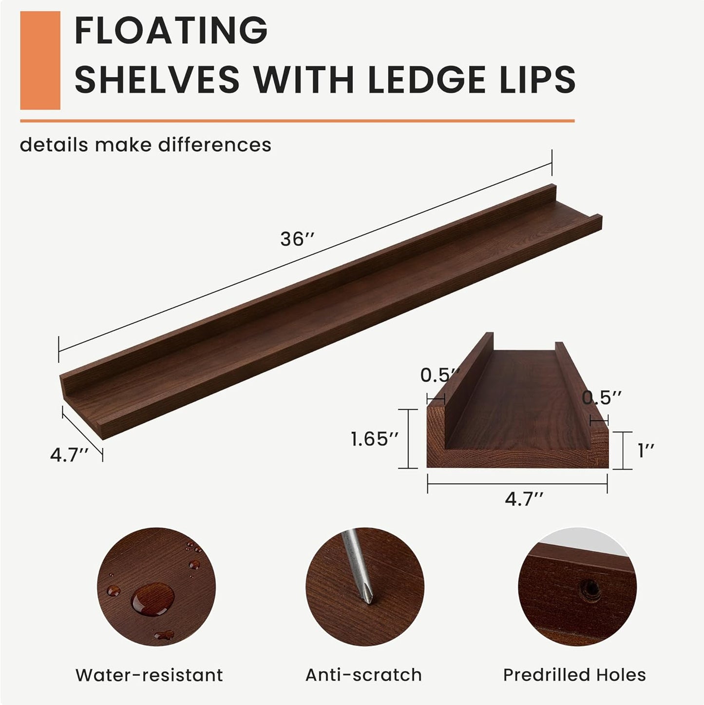 FLYJOE Picture Ledge Shelf, Floating Shelves Set of 2, Solid Pine Wood 55'' Long Large Nursery Book Shelves for Toys Storage, Kids Bookshelf for Living Room Bedroom Decor Books Photo Frames, Walnut