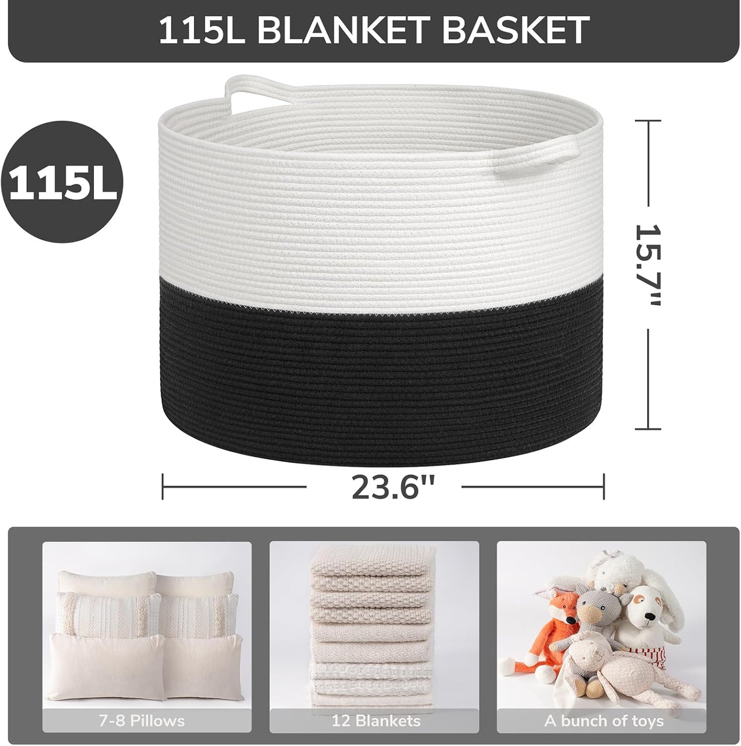 INDRESSME XXXLarge Blanket Basket for Living Room 21.7" x 21.7" x 13.8"-Storage Basket with Handle for Organizing Toy Pillows Woven Cotton Rope Laundry Basket Stuffed Animal Toy Storage for Play Room