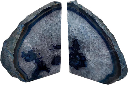 JIC Gem Dyed Blue Agate Bookends Geode Decorative Book Ends for Heavy Books with Rubber Bumpers for Office and Home Decoration Polished Small Size 2 to 3 Lbs