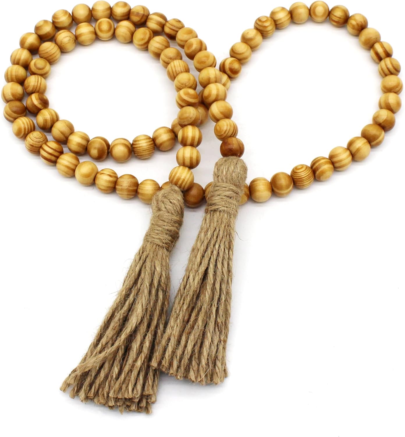 CVHOMEDECO. Wood Beads Garland with Tassels Farmhouse Rustic Wooden Prayer Bead String Wall Hanging Accent for Home Festival Decor. Mix Distressed