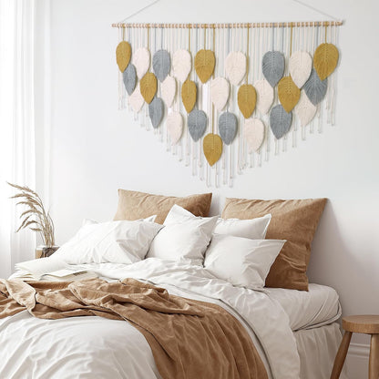 LOMOHOO Macrame Wall Hanging Boho Beige Leaves Tapestry Bohemian Handmade Woven Wall Art Decoration for Bedroom Living Room Apartment Dorm Gallery Perfect Handmade Gift Ideas
