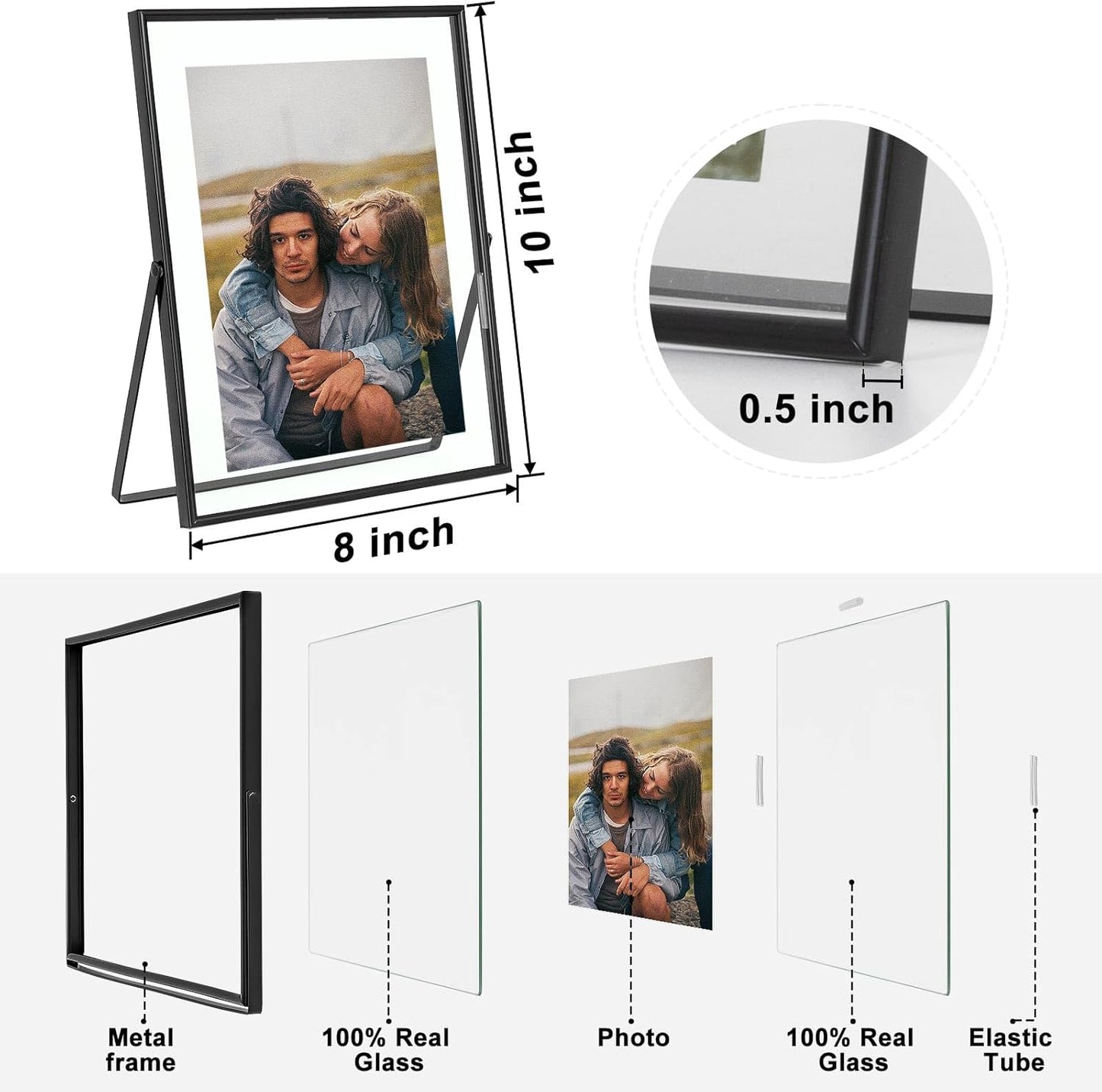 Qiannhee 8x10 Floating Frames Set of 2, Double Glass Desktop Picture Frames, Holds Multiple Photo Sizes, Photo Frame with Metal Stand