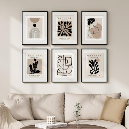 Framed Boho Black and White Brown Modern Abstract Wall Art for Living Room, Set of 6 Bohemian Wall Hanging Artwork, Minimalist Sun Geometric Pictures for Bedroom Office Bathroom Wall Decor 11x14 Inch