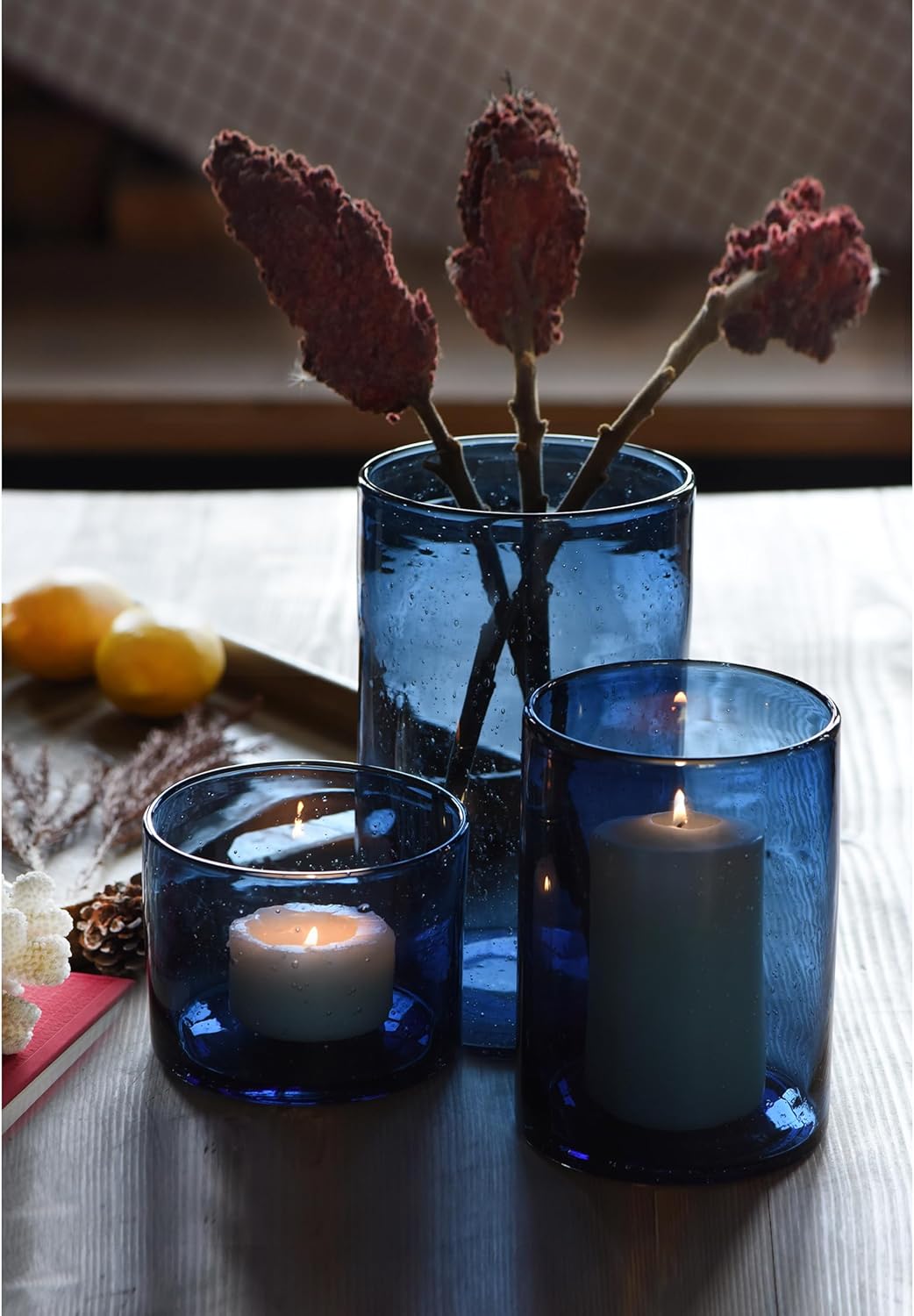 Hurricane Candle Holders for Pillar Hand Blown Glass Cylinder Vases Table Centerpiece Bulk Room Decor Clear Seeded Bubbles Living Dining Kitchen Island 10" 7" 4" Set of 3
