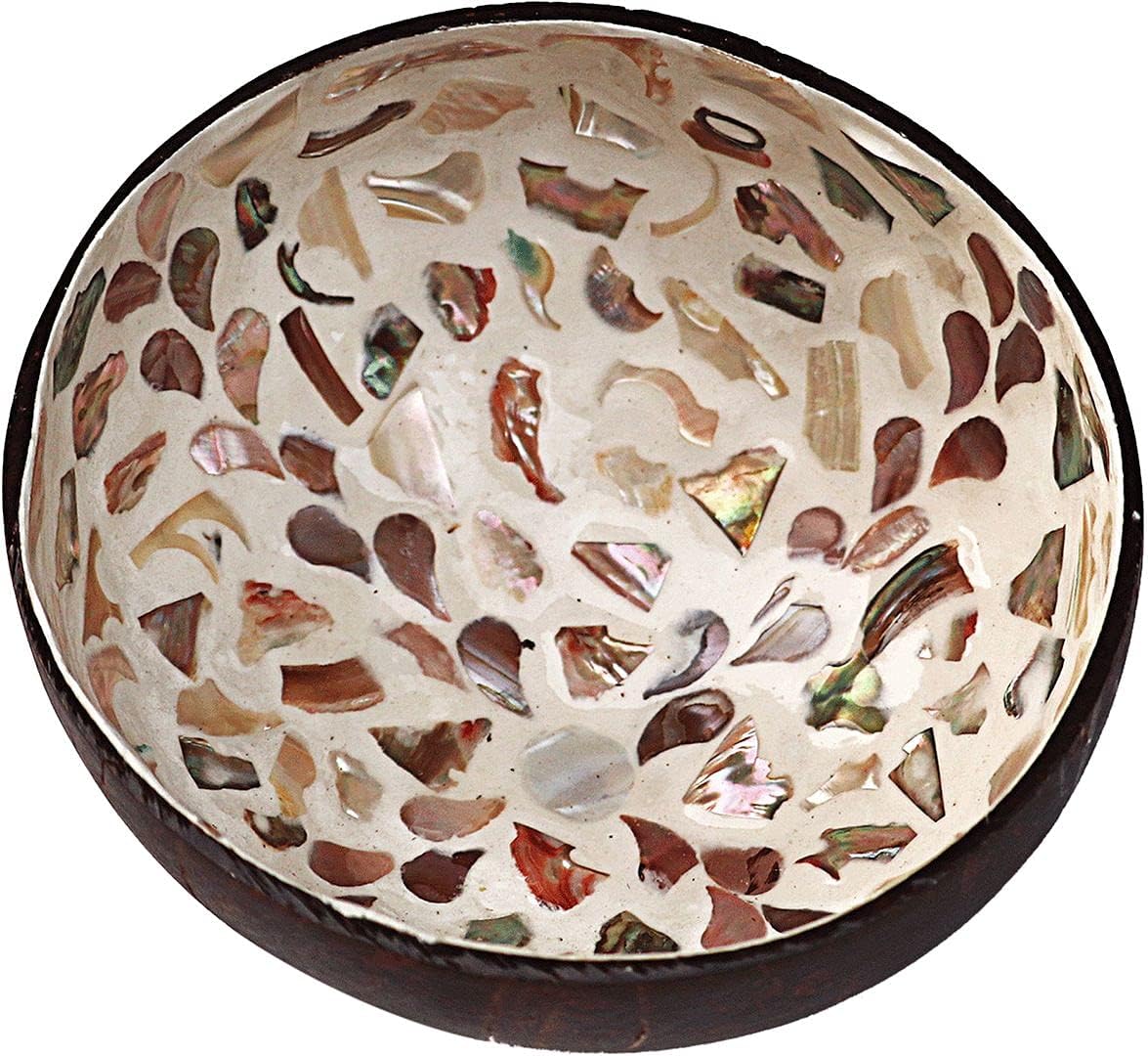 ChezMax Natural Coconut Bowl with Mother of Pearl Inlays - Key Bowl & Fruit Snack Holder (Blue-Gold)