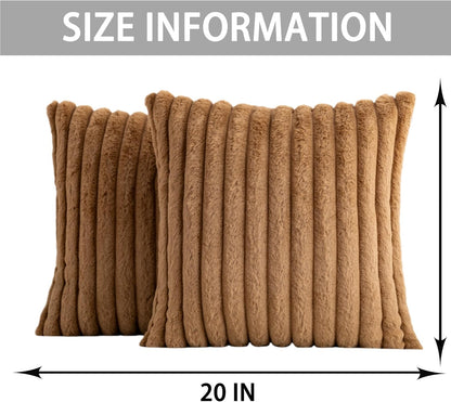Aegero Pack of 2 Faux Fur Christmas Throw Pillow Covers 18x18 Inch, Soft Plush Striped Neutral Couch Pillow Cover, with Velvet Back Modern Home Decor for Sofa Living Room Couch Bed Cream White
