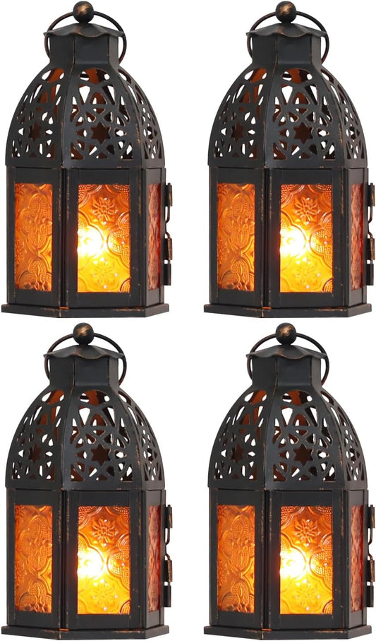 NEEDOMO 11'' Moroccan Lanterns Decorative Indoor & Outdoor, Vintage Christmas Candle Holder, Metal Lanterns Decorative, Table, Patio, Porch, Shelf, Christmas Spring Halloween Home Decor (Amber)