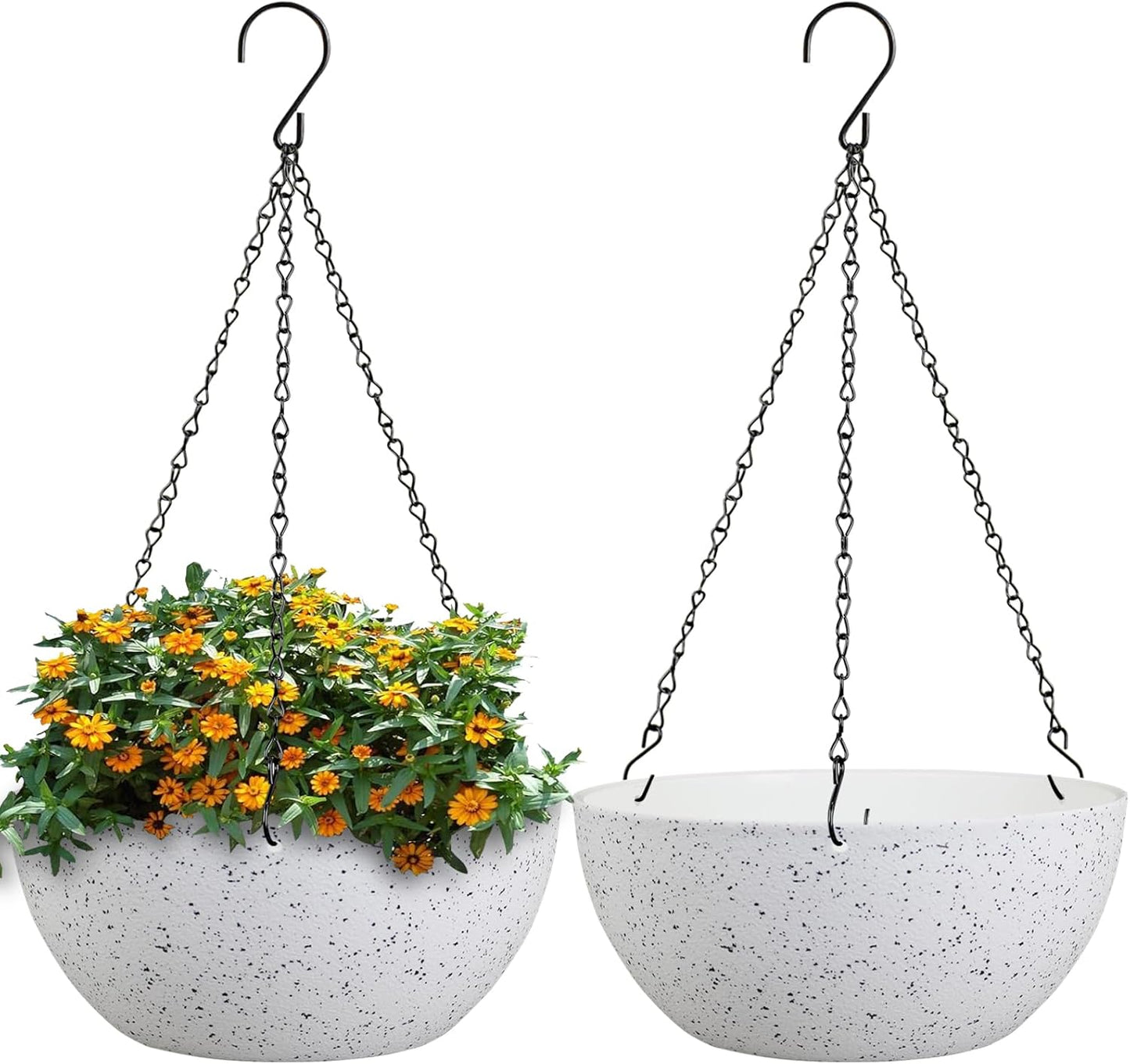 WSMKSZ 10 inch Hanging Planters for Outdoor Indoor Plants with Drainage Holes and Chain, 2 Pack Round Hanging Flower Pots for Garden Home Porch Decor, Black