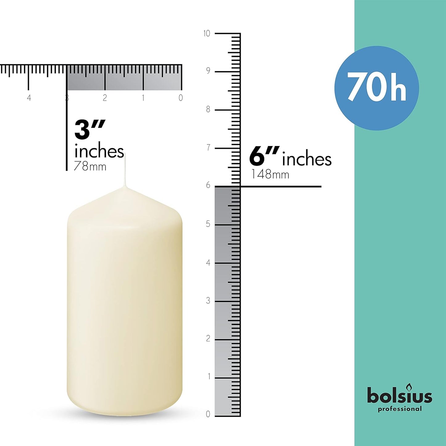 BOLSIUS 6 Ivory Pillar Candles Bulk - 3x4 Inches Candle Set - 40+ Hours Clean Burning - No Palm Oil - 0% Animal Fat - Premium European Quality - Unscented Dripless Restaurant Pillars