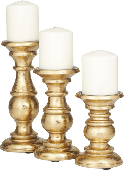 Deco 79 Mango Wood Decorative Candle Holder Distressed Turned Pillar Candle Stand, Set of 3 Candlestick Holder 6", 8", 10"H, Light Blue