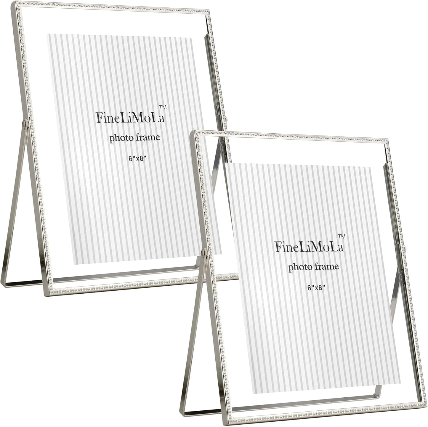 Gold 6x8'' Floating Photo Frame 2 Pack, Beaded Metal Frame Fits 3.5x5'', 4x6'' & 5x7'' Pictures, Adjustable Tabletop & Shelf Display, Elegant Wedding Gift for Home Decor
