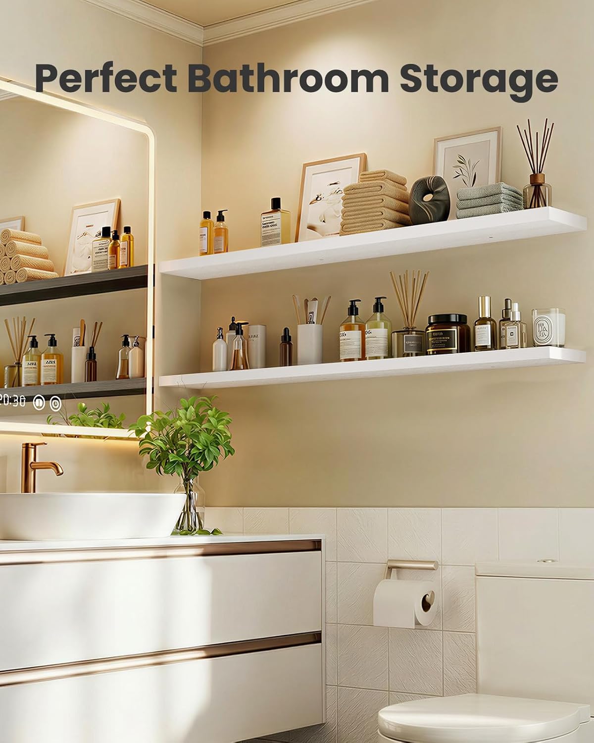 AMADA HOMEFURNISHING Floating Shelves, Wall Shelves for Bathroom/Living Room/Bedroom/Kitchen Decor, White Shelves with Invisible Brackets Set of 3 - AMFS08