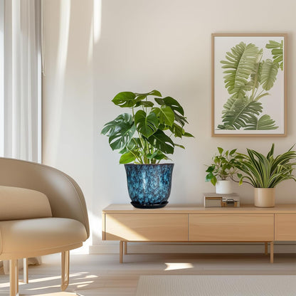 Ceramic Plant Pots - 12 Inch Pots for Plants Indoor Outdoor, Large Round Planter with Drainage Hole and Saucer, Modern Decorative Flower Pot, Home Garden Decor, House Warming Gifts, Blue