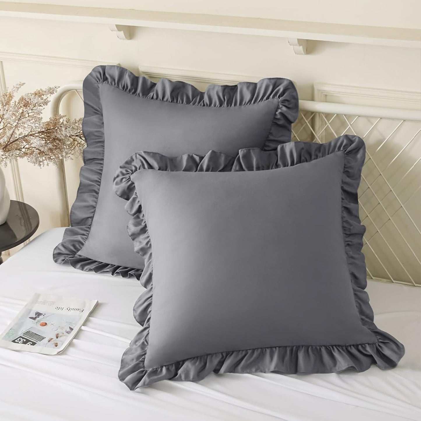 KKJIAF Ruffle Pillow Cases 26x26 Inches, White Square Ruffled Pillow Covers Set of 2, Microfiber Wrinkle Resistant Pillow Shams with Envelope Closure for Sofa Bed Living Room