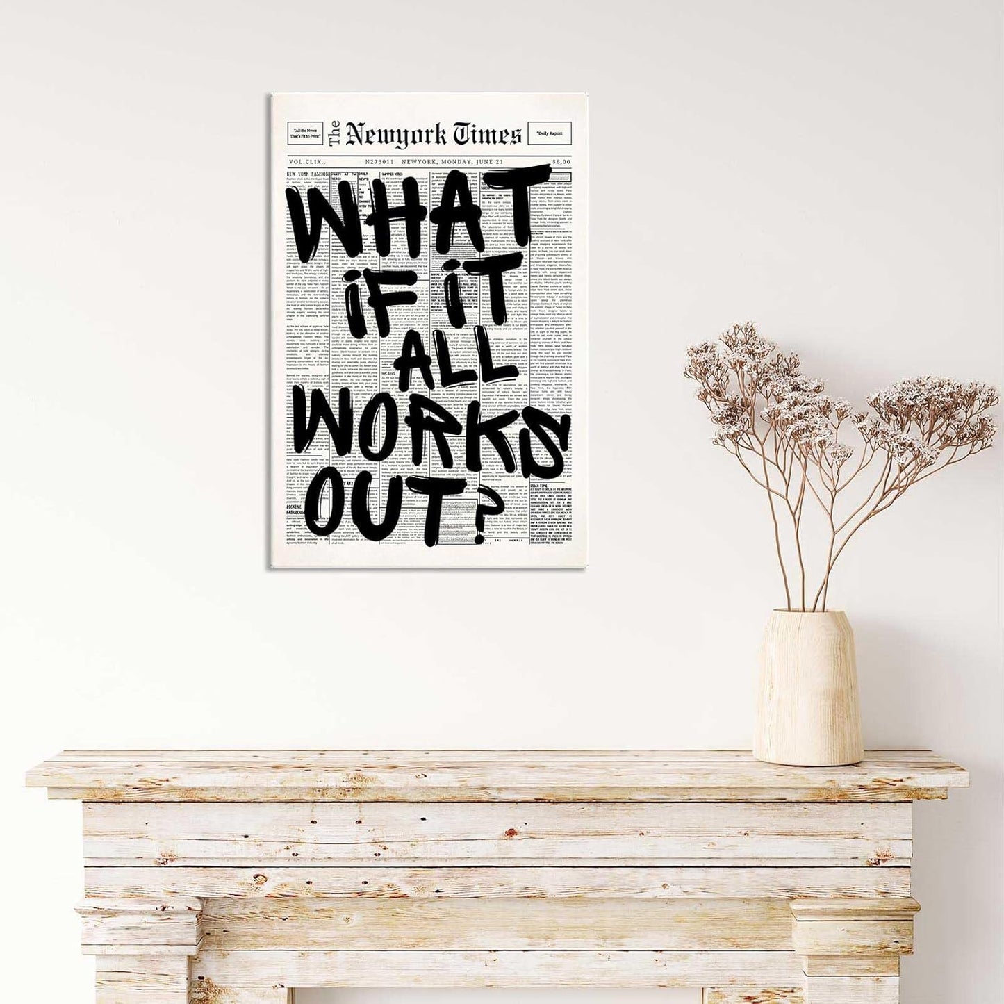 Retro Black And White Newspaper Poster What If It All Works Out Canvas Wall Art Positive Affirming Quote Minimalist Prints Painting For Home Bedroom Dorm Wall Decor 12x16in Unframed