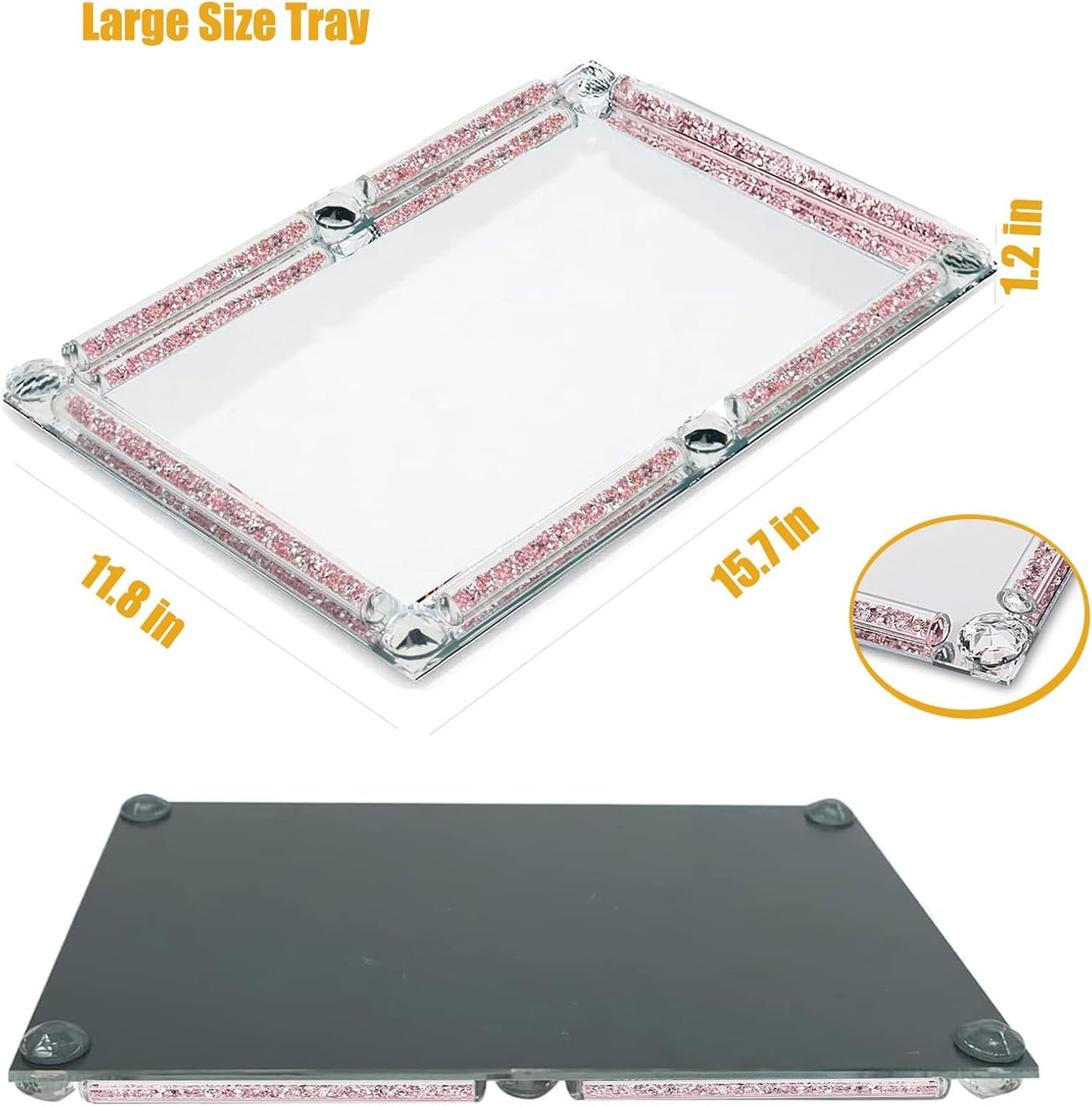 Crystal Glass Tray, Modern Mirror Jewelry Dresser Trinket Trays with Crushed Diamond, 11.8" x 7.9"Rectangular Makeup Perfume Tray for Bathroom Bedroom, Home Decor, Hotel Banquet, Party(Silver)
