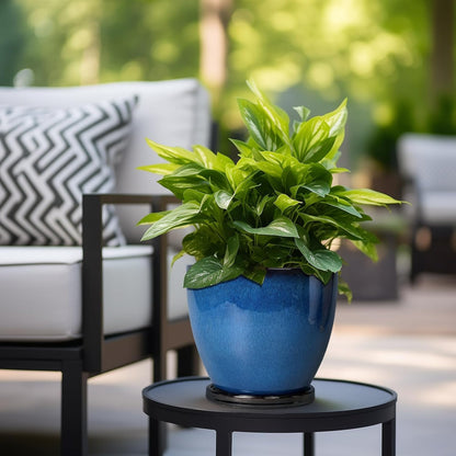 10 Inch Ceramic Planter Pot Round Plant Pot for Indoor Plants Outdoor Large Flower Pot with Drainage Hole and Saucer Blue