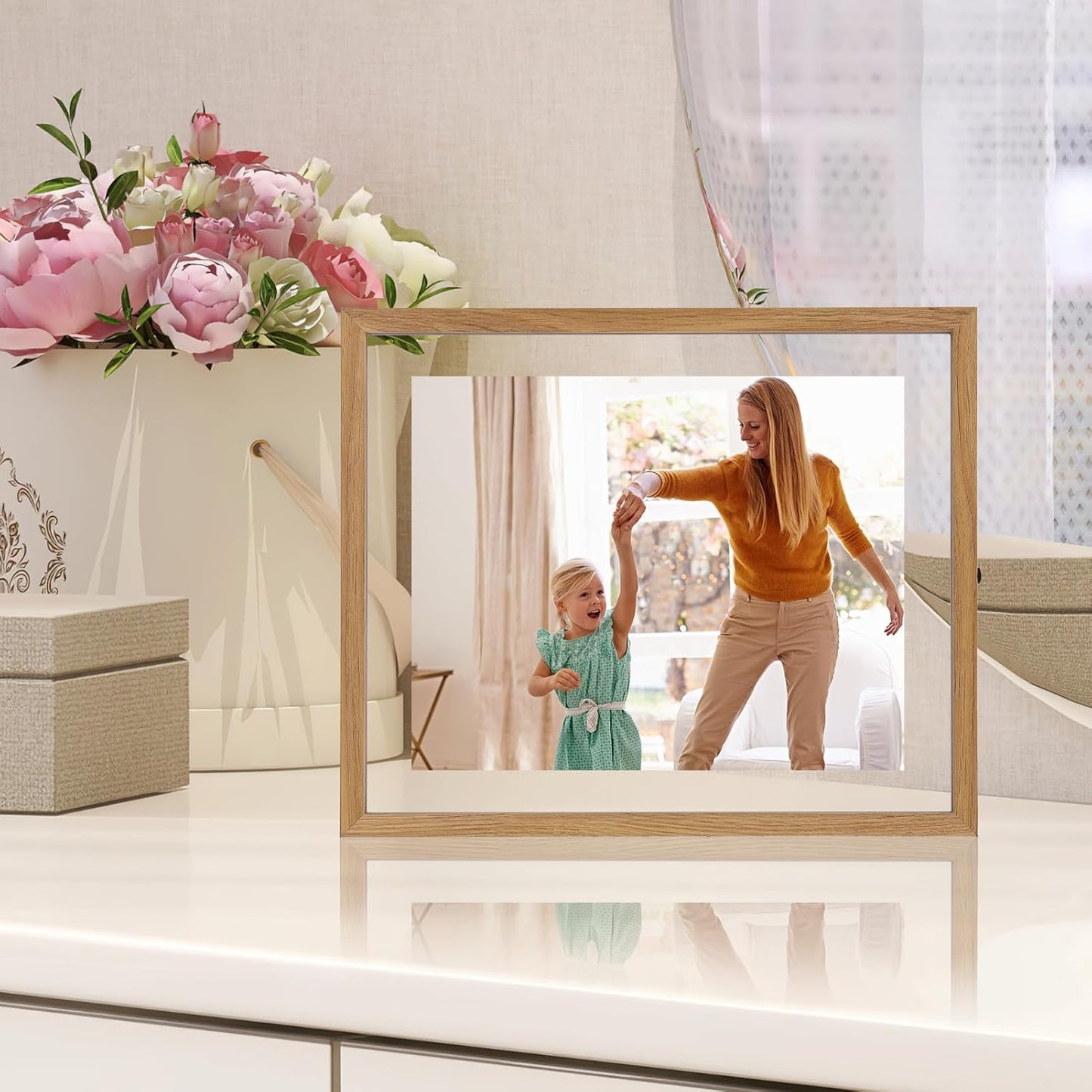 Trwcrt 4x6 Floating Picture Frames Set of 4, Double Glass Photo Frame Display up to 6 x 8 Photos for Desktop or Wall Hanging, Black