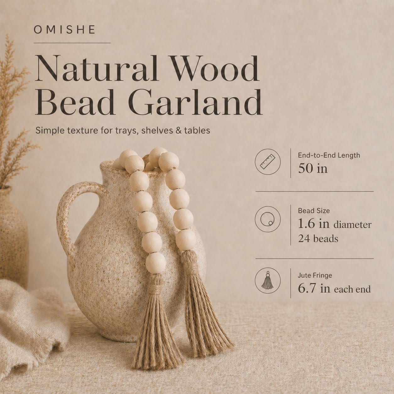 OMISHE Extra Large Wood Bead Garland with 1.6" Diameter Wooden Beads and Tassels, 41" Long Rustic Farmhouse Country Decorative Beads for Home Tiered Tray Decor, Natural Beige