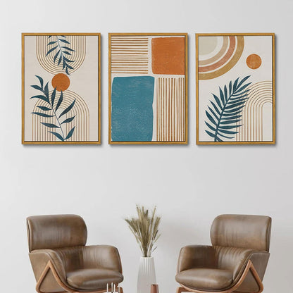 Bwodke Boho Wall Art, Framed Abstract Wall Art, Green Botanical Neutral Canvas Wall Decor, Large Mid Century Plant Pictures Set of 3, Modern Minimalist Paintings, for Bedroom Living Room Bathroom