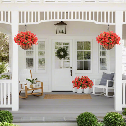 Hananona 2 Set Artificial Outdoor Flowers with Hanging Basket, 2 Hanging Planters with 24 Pcs Flowers for Spring Summer Front Porch Garden Patio Home Decor (2, Red, Purple, Yellow, Rose Red)