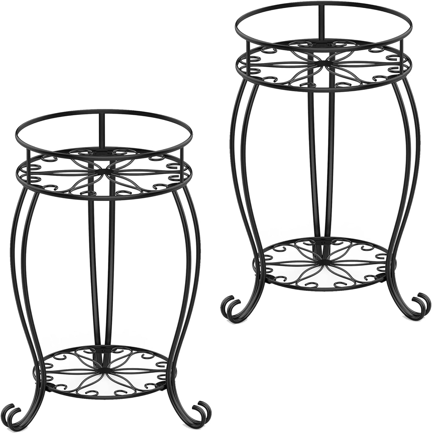 FaithLand 2 Pack Metal Plant Stands, Tall Planter Holder Indoor Outdoor, 2 Tier Round Potted Supports Rack, Corner Display Shelf Black