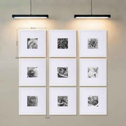 eletecpro 12x12 Picture Frames Set of 9 with Clear Acrylic Cover, Display 8x8 Photos with Mat or 12x12 Without, Classic and Sturdy Square Collage Gallery Wall Decor, Easy Wall Mount, Black