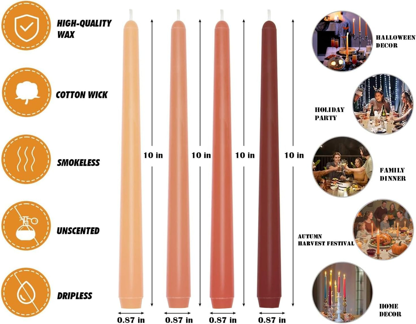 12-Pack Earth Tone Taper Candles, 10 Inch Unscented Dripless Candlesticks, Long-Lasting Burn Time of 7-8 Hours, Perfect for Fall Harvest Halloween Thanksgiving Dinners Parties and Home Décor