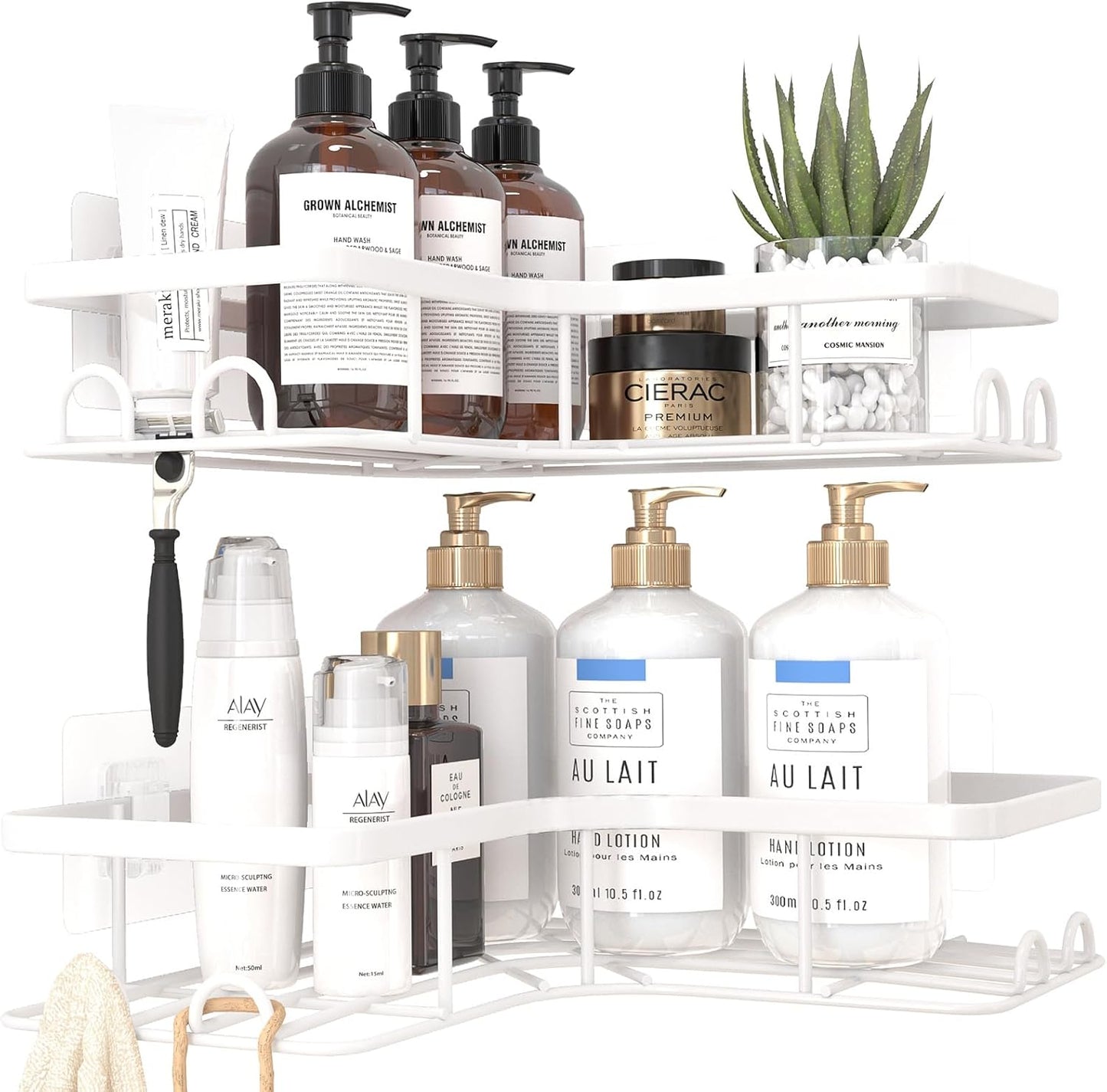Sakugi Corner Shower Caddy - 2 Pack, Adhesive Shower Organizers, Rustproof Stainless Steel Shower Shelves with 8 Hooks, No Drilling Bathroom Organizers and Storage Racks, Space-Saving, Black, Medium