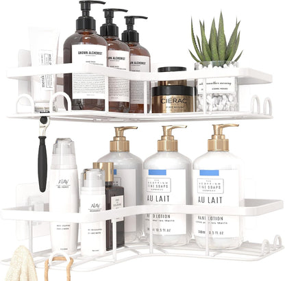 Sakugi Corner Shower Caddy - 2 Pack, Adhesive Shower Organizers, Rustproof Stainless Steel Shower Shelves with 8 Hooks, No Drilling Bathroom Organizers and Storage Racks, Space-Saving, Black, Medium