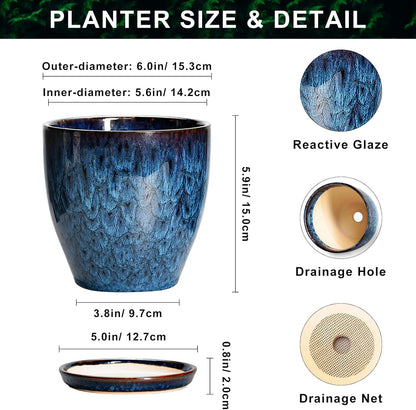 10 Inch Ceramic Planter Pot Round Plant Pot for Indoor Plants Outdoor Large Flower Pot with Drainage Hole and Saucer Blue