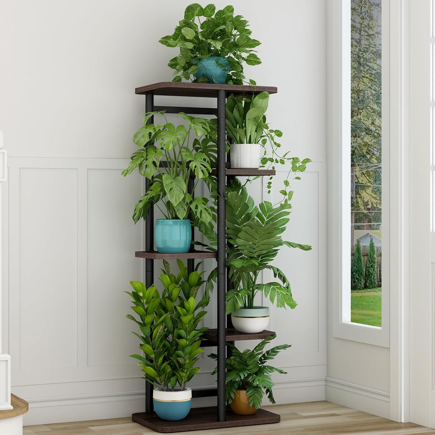 LINZINAR Plant Stand Indoor 4 Tier 5 Potted Multiple Plant Shelf Stands for Garden Corner Balcony Living Room Black