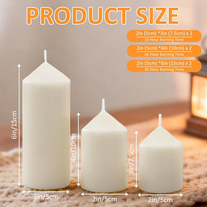 18 Pcs White Pillar Candles Bulk Set，Hurricane Candles，3 Different Lengths 2 x 3/4/6 Inch (6 Each)，Dripless Unscented Smokeless，Gives You a Better Atmosphere When Organizing an Event Party.