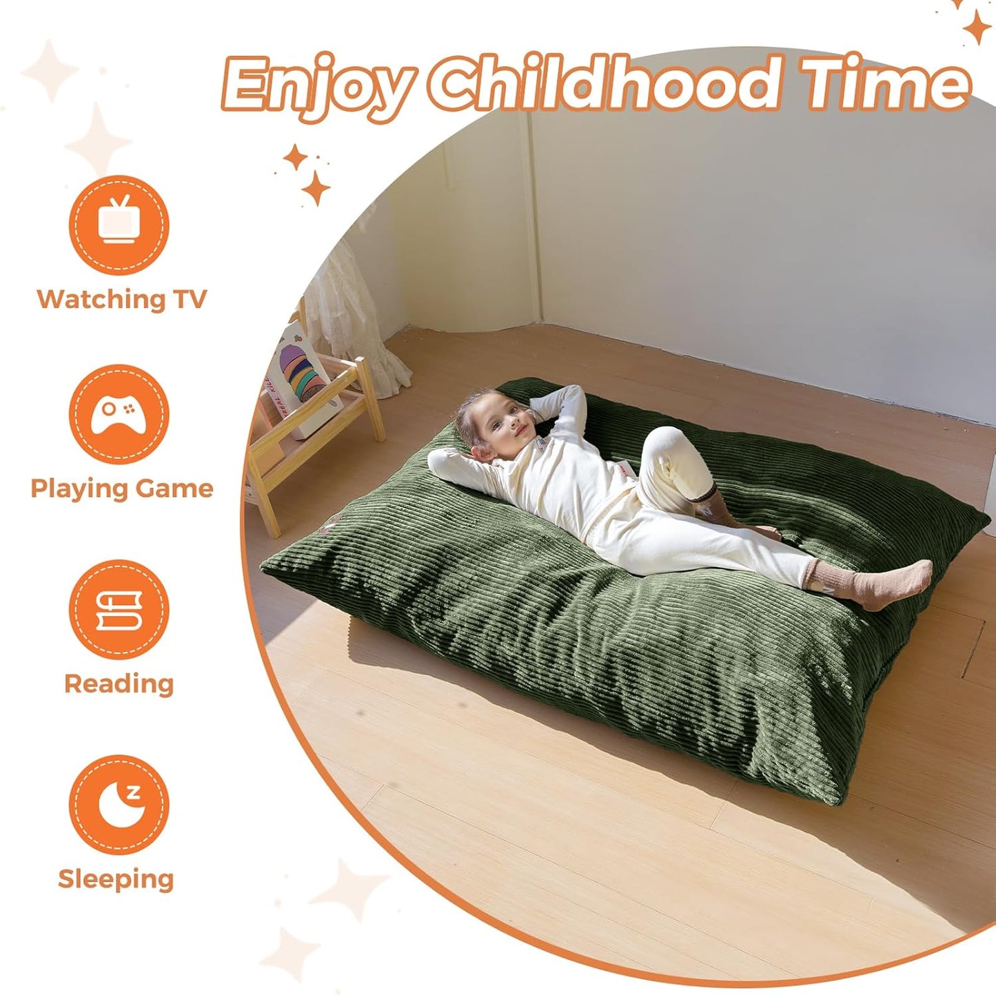 MAXYOYO 3 in 1 Kids Bean Bag Chair Couch, Convertible Chair Folds from Bean Bag to Lounger, Child Floor Sofa for Gaming, Reading, Floor Mattress with High-Density Foam Filling
