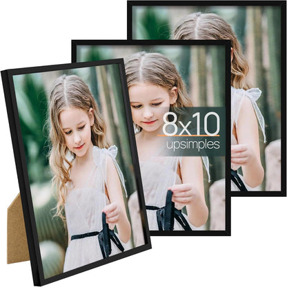 upsimples 5x7 Picture Frame Set of 3, Made of High Definition Glass for 5 x 7 Black Frames, Wall and Tabletop Display Thin Border Photo Frame for Home Décor