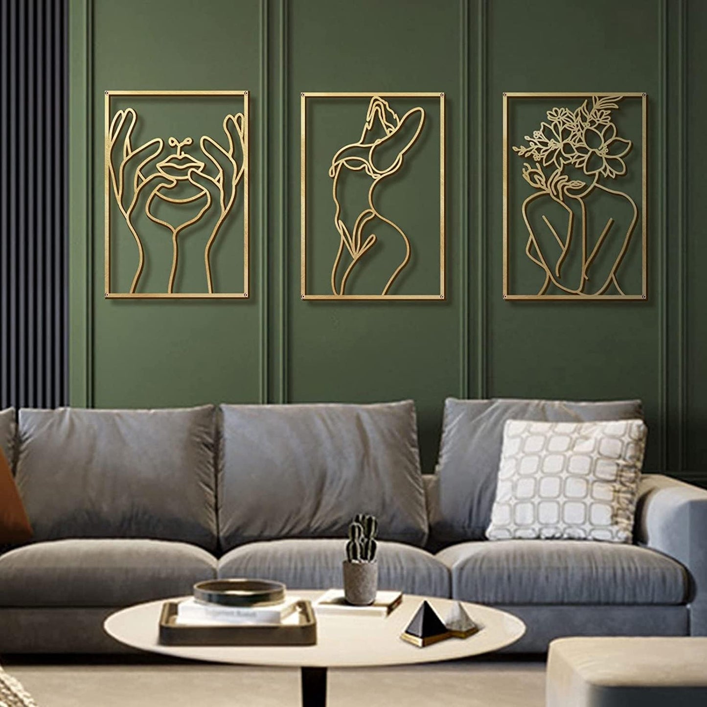 Glamativity 4 Pack Gold Wall Art Decor, Minimalist Single Line Real Metal Wall Art, Woman's Body Shape Abstract Wall Art (Gold Classic Style, 17 x 11.8'')
