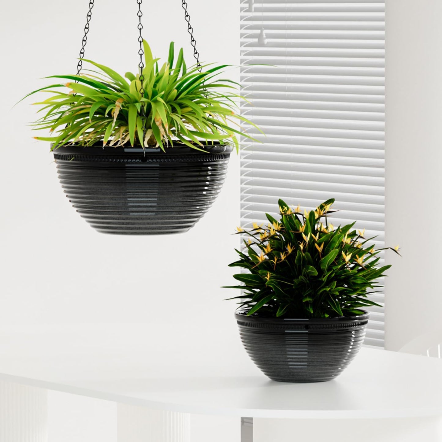 Vanslogreen 2 Pack Hanging Planters for Indoor Outdoor Plants, 10 Inch Hanging Planter with Drainage Hole & Plug Glazed Hanging Baskets Flower Pots for Garden Home (Blue)