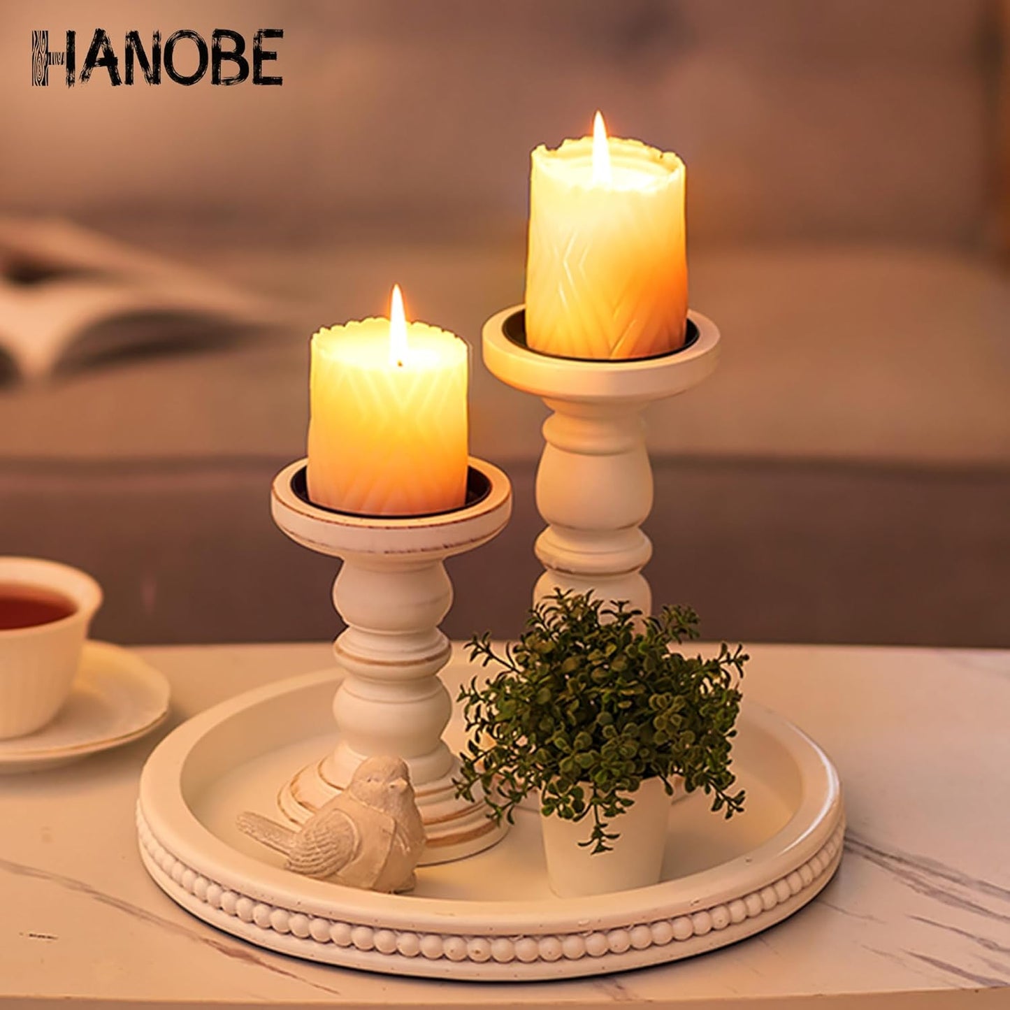 Hanobe Round Wooden Decorative Tray: White Washed Bead Tray Decor for Coffee Table Centerpiece Rustic Farmhouse Tray for Kitchen Counter Living Room Decoration