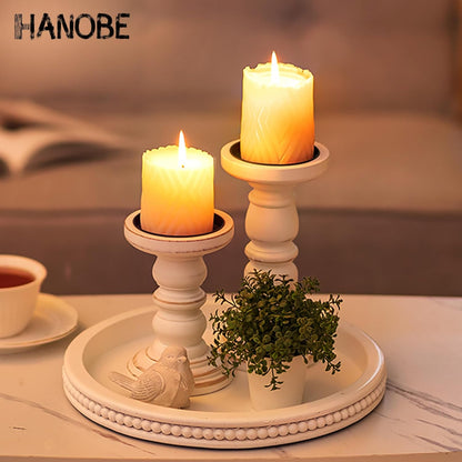Hanobe Round Wooden Decorative Tray: White Washed Bead Tray Decor for Coffee Table Centerpiece Rustic Farmhouse Tray for Kitchen Counter Living Room Decoration