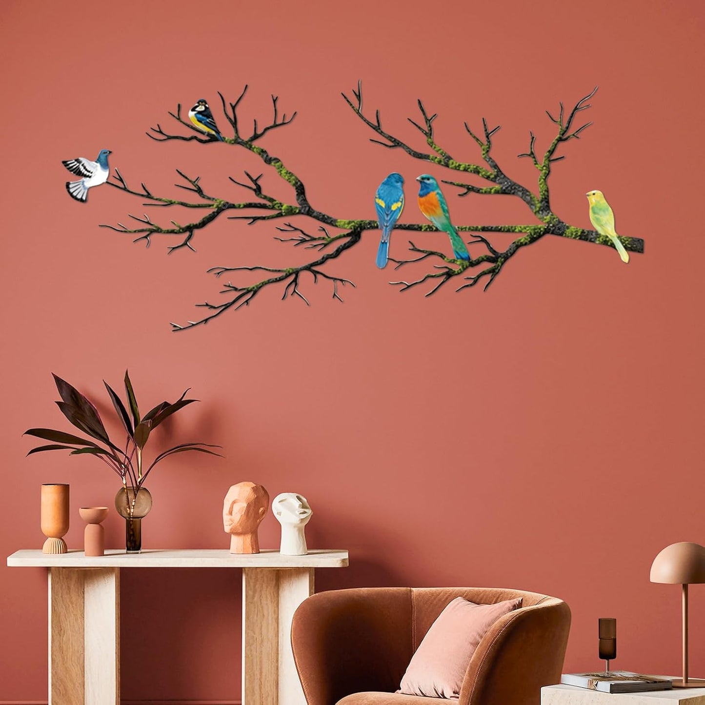 Metal Birds Wall Art, Metal Vivid Birds on Branch Silhouette Wall Decor Black Leaves with Bird Outdoor Hanging Wall Sculpture for Home Balcony Garden(Large)