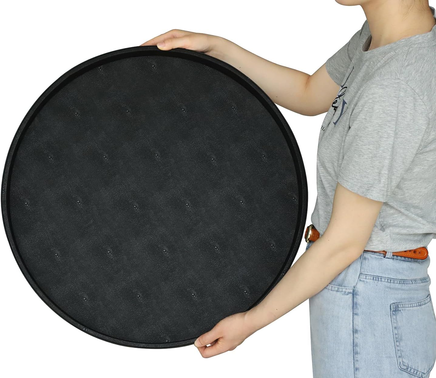 HofferRuffer Round Serving Tray 20'', Elegant Faux Leather Circle Ottoman Table Tray, Serve Tea Coffee Breakfast in Bedroom Living Room Kitchen (Brown)