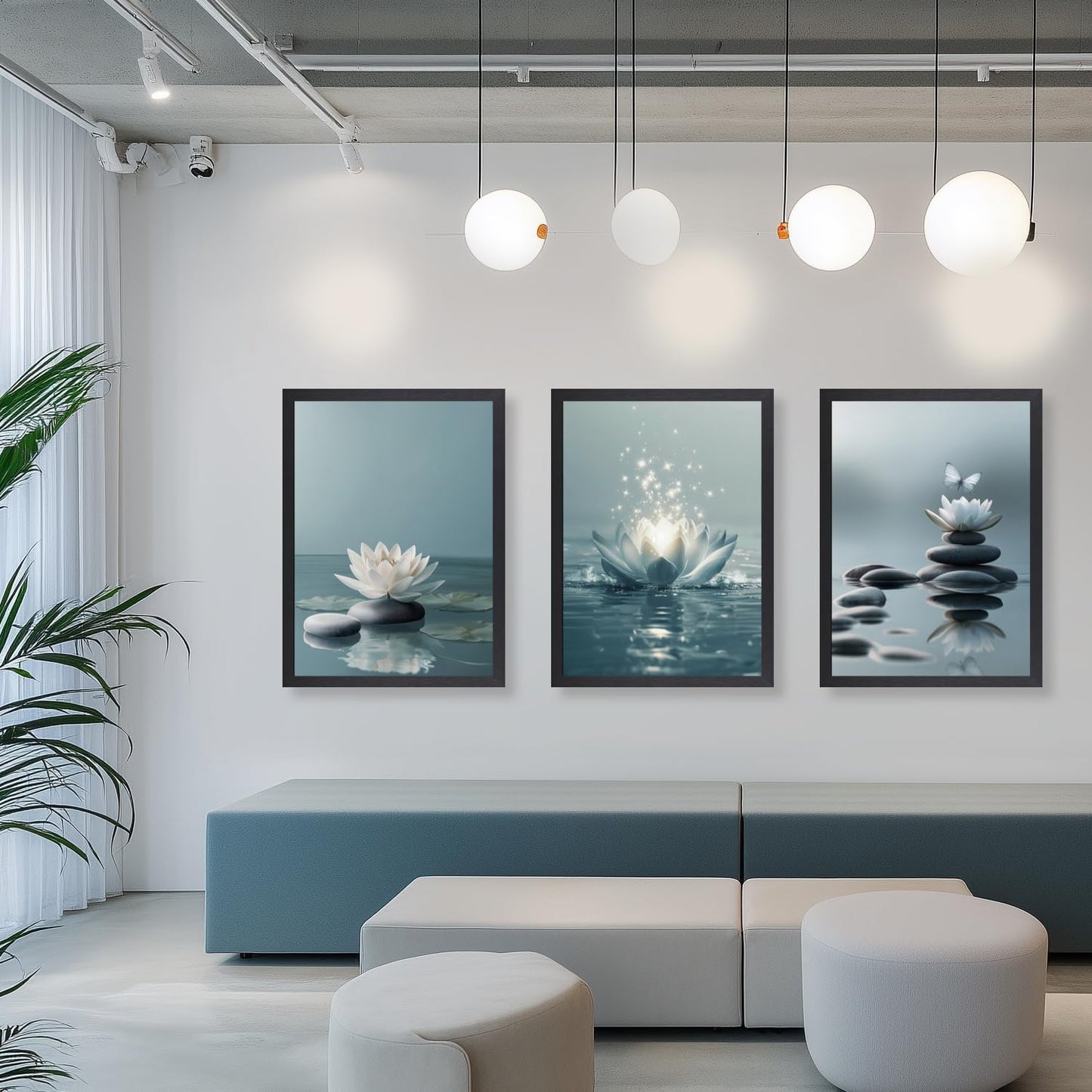 GELDSTEI Calm Zen Botanical Canvas Wall Art, White Lotus Blooming on Stones in Water Aesthetic Pictures, Yoga Spa Meditation Room Decor, Modern Spiritual Poster Prints for Zen Office Framed Set of 3, Each 12x16 Inch