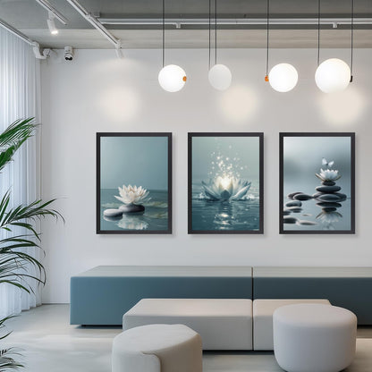 GELDSTEI Calm Zen Botanical Canvas Wall Art, White Lotus Blooming on Stones in Water Aesthetic Pictures, Yoga Spa Meditation Room Decor, Modern Spiritual Poster Prints for Zen Office Framed Set of 3, Each 12x16 Inch