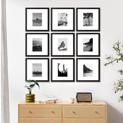 eletecpro 12x12 Picture Frames Set of 9 with Clear Acrylic Cover, Display 8x8 Photos with Mat or 12x12 Without, Classic and Sturdy Square Collage Gallery Wall Decor, Easy Wall Mount, Black