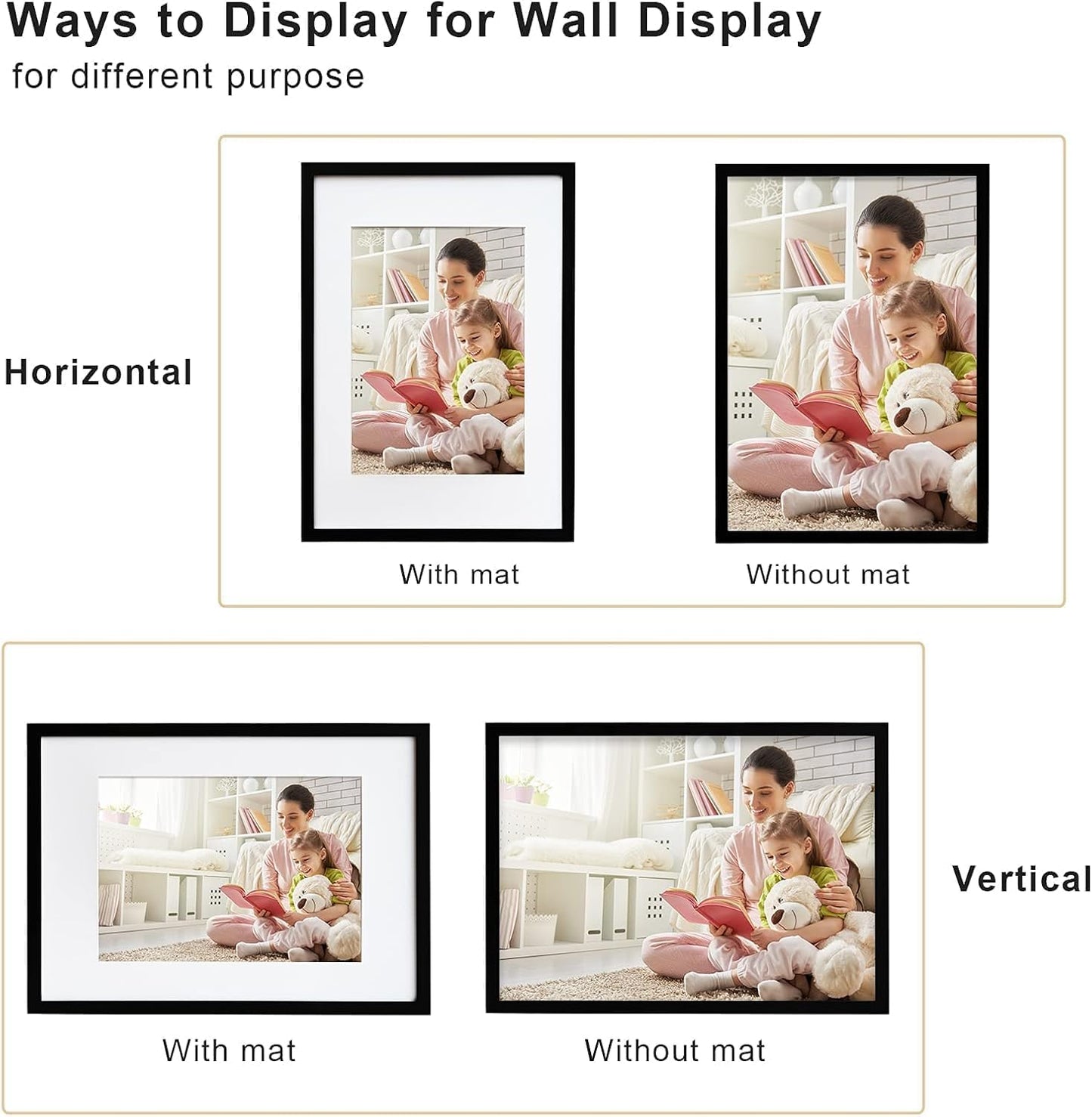 Egofine 12x16 Picture Frame Black, Covered by Plexiglass Made of Solid Wood, Display Pictures 9x12 and 11x14 with Mat or 12x16 Without Mat, for Wall Mounting Photo Frame - Colors B